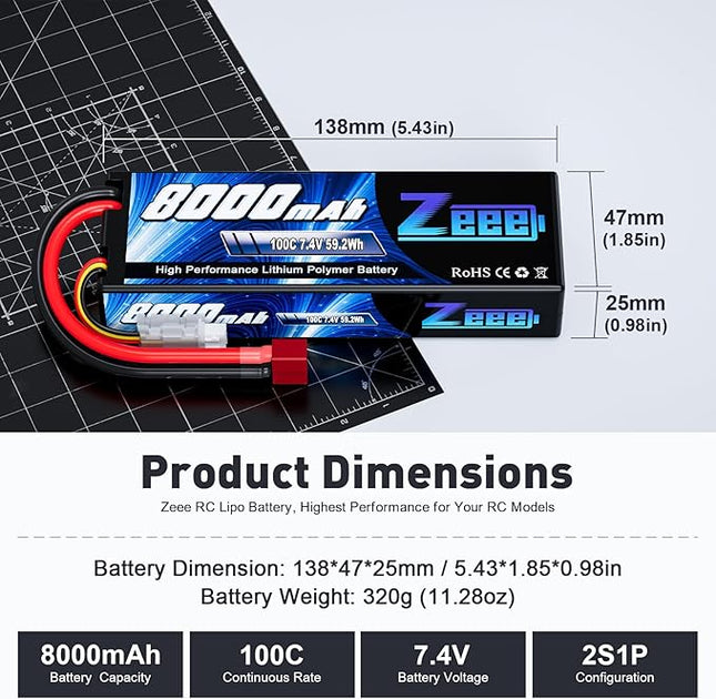 Zeee 2S Lipo Battery 8000mAh 7.4V 100C Hard Case RC Battery with T Plug for 1/8 and 1/10 RC Car Models RC Truck RC Vehicles RC Truggy RC Boat Helicopter