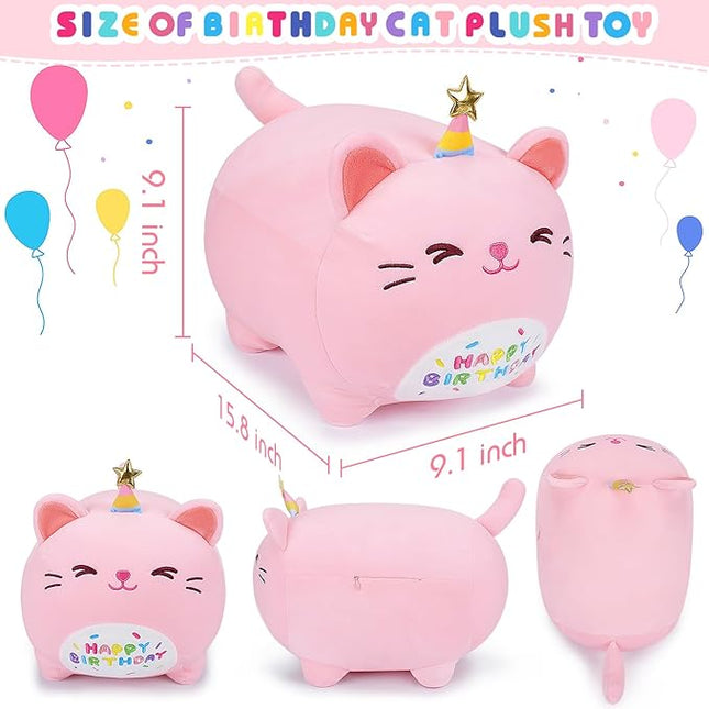 Auspicious beginning Pink Birthday Cat Plush Stuffed Animals-Gifts for Girlfriend, 16'' Pink Plush Pillow, Kawaii Plushies Kitten Body Pillow Cat Plushie, Kitten Plush Pillow Kids