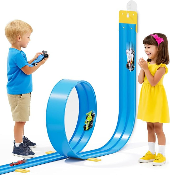 13 Ft Flexible Race Car Track Compatible with Hot Wheels and Diecast 1:64th Cars,Classic Long Rolls Up Portable Racetrack Roll Up Race Track, Birthday Gifts for Boys Girls Ages 3-12, Blue
