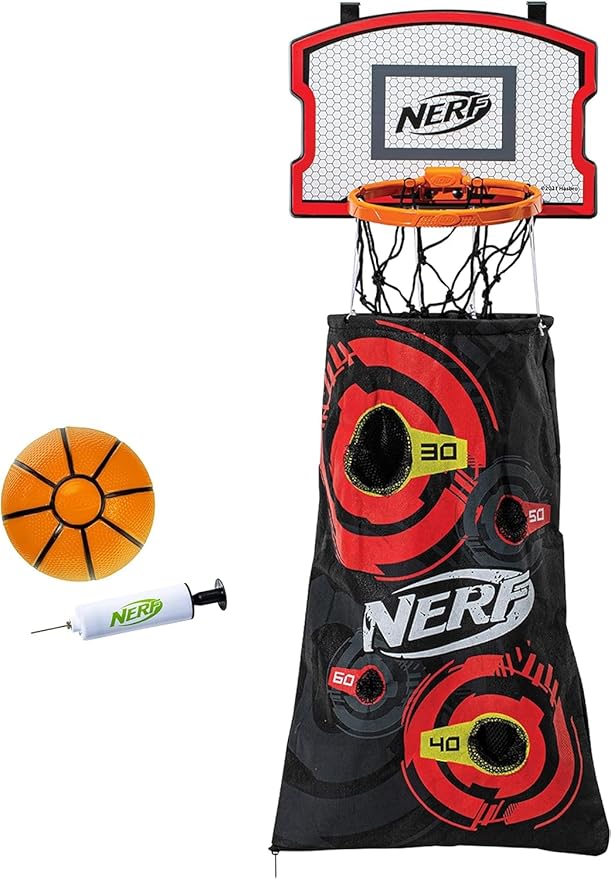 NERF Basketball Hoop Hamper - Laundry Layup Over the Door Basket + Shooting Target - Mini Hoop Hamper + Basketball Set