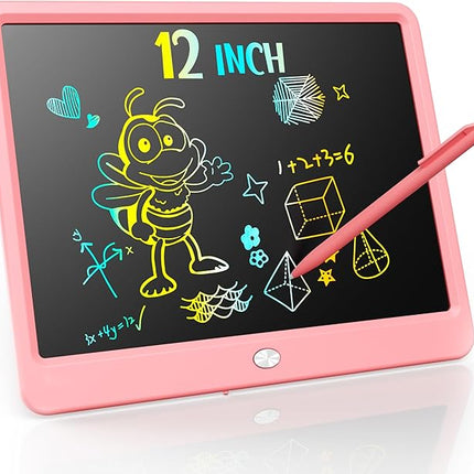 KOKODI LCD Writing Tablet, 12 Inch Colorful Toddler Doodle Board Drawing Tablet, Erasable Reusable Electronic Drawing Pads, Educational and Learning Toy for 3-6 Years Old Boy and Girls(Pink)
