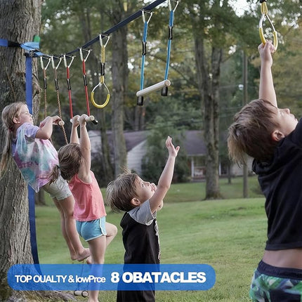 Ninja Warrior Obstacle Course for Kids,2×56ft Slackline Kit with 8 Ninja Accessories+Fast-Setup Buckles- Monkey Bar,Rope Ladder,Gymnastic Ring,Arm Trainer and Monkey Fist,Supports 880 lbs
