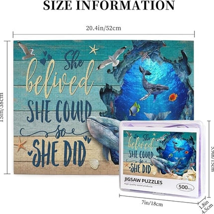 Ocean Jigsaw Puzzles 500 Pieces for Adults, Majestic Whales & Inspirational Quotes, Motivational Sea Life Art Wooden Puzzle for Stress Relief, Empowering Home Decor