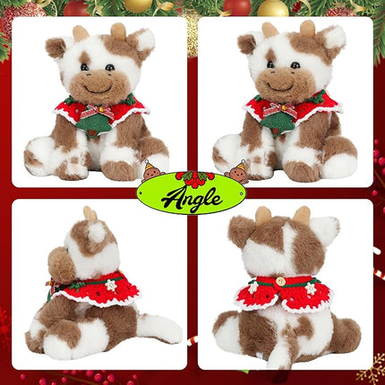 Hopearl Adorable Christmas Plush Cow Toy Floppy Dairy Cattle Soft Stuffed Animal Cute Xmas Gifts for Boys Girls Kids Toddlers, Light Brown, 9''