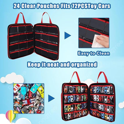Toy cars Carrying Case Compatible with Hot Wheels Up to 99pcs, Portable Car Toy Storage Organizer Bag for 1/64 Scale Toy Cars, Matchbox Cars, Dolls, Mini Toys, Bag Only(Red)