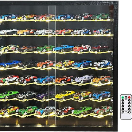 1/64 Cars Display Case with Lighted Wall Mounted Black Display Cabinet with Acrylic Shelves at 45-Degree Angle and Door Storage for 42 Hot Diecast Wheels Toy Cars