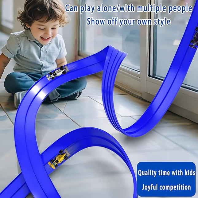 16Ft Flexible Race Car Track for Kids, Flex Track Toy with 4 Race Cars and Suction Cups, Compatible with Hot Wheels and 1/64th Cars, Rolls Up Portable Racetrack for Ages 345678