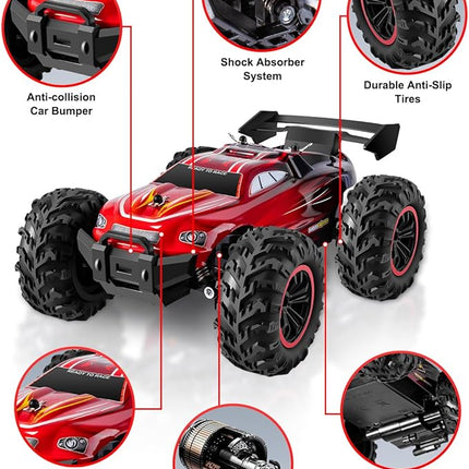 RC Cars - 1:18 Scale Remote Control Car, 2.4Ghz All Terrain Off-Road Monster Truck, 20Km/h High Speed Hobby Electric Toy Buggy with 2 Rechargeable Batteries for Boys Girls Kids Adults