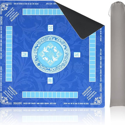 Mahjong Mat with Carrying Bag for Table 32x32 Inch – Non-Slip Noise-Reducing Rubber Mat with Rules for Mahjong, Poker, Card Games, Board Games & Dominoes (Blue)