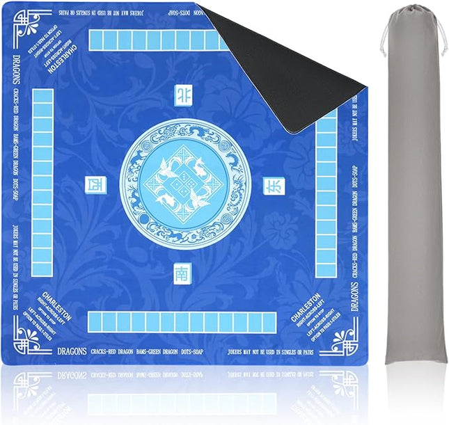 Mahjong Mat with Carrying Bag for Table 32x32 Inch – Non-Slip Noise-Reducing Rubber Mat with Rules for Mahjong, Poker, Card Games, Board Games & Dominoes (Blue)