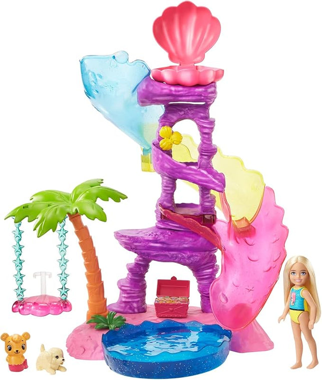 Barbie Dreamtopia Chelsea Water Lagoon Playset with Chelsea Doll (6 in Blonde), 2 Pets, Slide, Pool & Swing, Gift for 3 to 7 Year Olds
