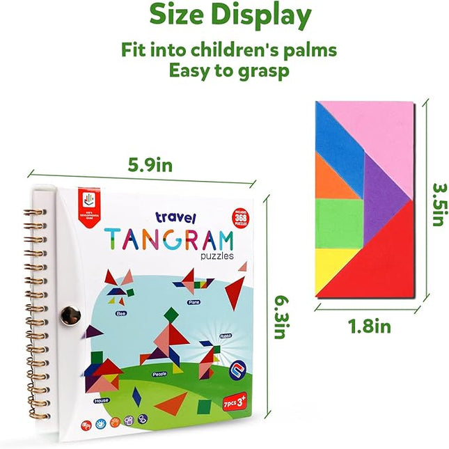 Travel Tangram Puzzle Magnetic Puzzle Book Game Road Trip Game Jigsaw Shapes Dissection STEM Games with Solution IQ Educational Toy for Kid Adult Challenge Brain Teasers 368 Patterns(2Pcs Tangrams)