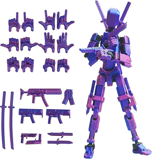 Pre-Assembly 3D Printed 5.54'' Stick Robo 13 Action Figure, Multi-Jointed Tian13, Articulated T13 Desktop Decoration,12 in 1 d13 Accessories Best Birthday Festival Gift (Blue red)