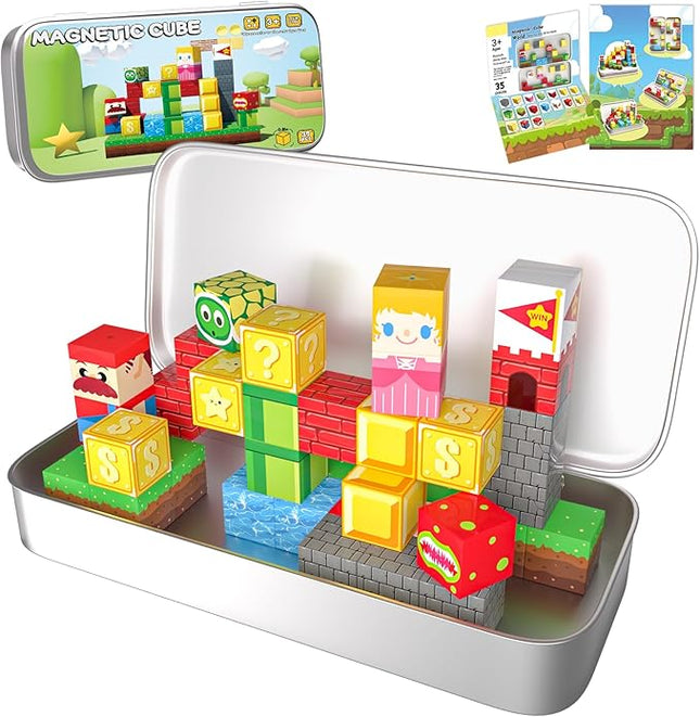 Mini Magnetic Blocks, 35PCS Travel Magnetic Building Cubes with Metal Storage Box, Portable Magnetic Toys Set for Boys & Girls 3-5, Birthday
