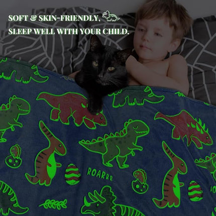 Twin Size Glow in The Dark Dinosaur Blanket - Extra Large Soft Dino Throw for Kids Teens, Boys Girls Bedroom Decor, Gift for Birthdays Christmas