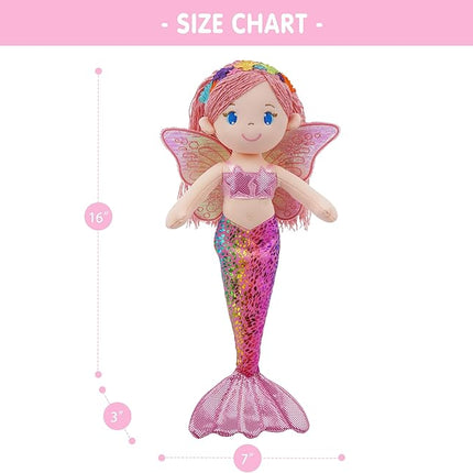 June Garden 16" Selina Pearl Mermaid Fairy Doll – Soft Plush Doll with Shimmery Wings & Sparkly Tail – Huggable Stuffed Toy Gift for Girls Age 18 Months and Up