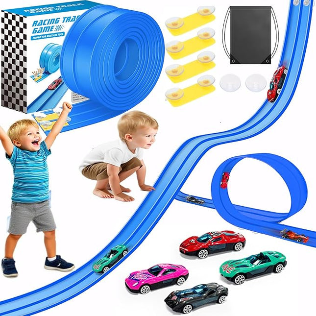 15FT Flexible Race Track for Kids - 2 Lane Blue Car Track for Toy Cars with 4 Race Cars & Suction Cups, Foldable Flex Track Set Compatible with 1/64 Scale Models for Boys Girls 3+