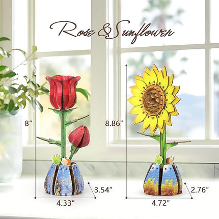 Jege 3D Flowers Wooden Puzzles for Adults,DIY Wooden 2 Flowers per Kit Building Model Set for Home Decor,Ideal Creative Craft Gift Build Kits Toys with 2 Perfume Bottles (Rose + Sun Flower)
