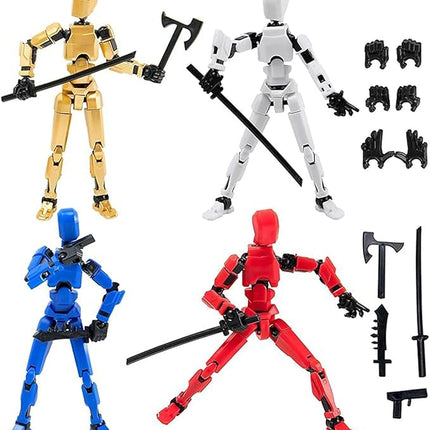 (Assembly Completed) T13 Action Figures Set Lucky Dummy Nova 13 Action Figure Robot Anime Stick Figures Fidget Toys for Boys Multi Movable Joints Gifts Toys for Kids (White+Red+Blue+Yellow)