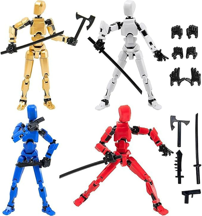 (Assembly Completed) T13 Action Figures Set Lucky Dummy Nova 13 Action Figure Robot Anime Stick Figures Fidget Toys for Boys Multi Movable Joints Gifts Toys for Kids (White+Red+Blue+Yellow)