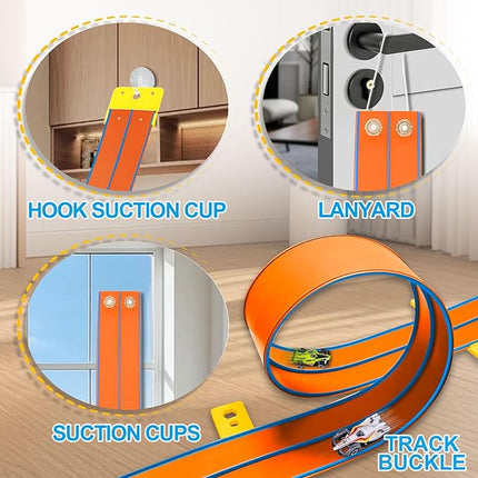 Flexible Race Track Toys for Kids 15 Ft with 4 Cars & Suction Cups, Portable Double Lane Racetrack Compatible with Hot Wheels & 1/64 Diecast Cars, Fun Car Ramp Track Set for Ages 3+(Orange & Blue)