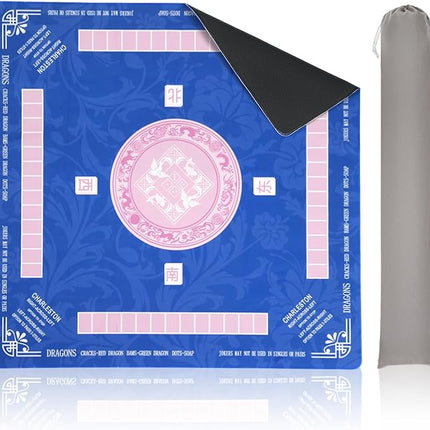 Mahjong Mat with Carrying Bag for Table 32x32 Inch – Non-Slip Noise-Reducing Rubber Mat with Rules for Mahjong, Poker, Card Games, Board Games & Dominoes (Pink)