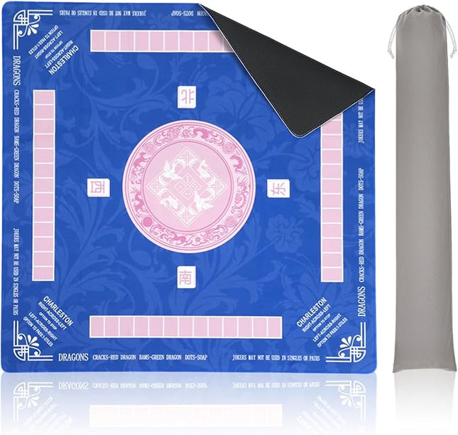 Mahjong Mat with Carrying Bag for Table 32x32 Inch – Non-Slip Noise-Reducing Rubber Mat with Rules for Mahjong, Poker, Card Games, Board Games & Dominoes (Pink)