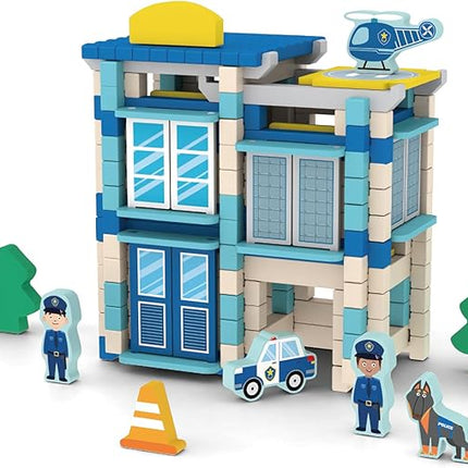 162PCS Wooden Building Blocks Set for Toddlers, Construction City Stacking Toys, Preschool Learning Educational Toys for Kids 3+ Years Girls and Boys (Police Station)