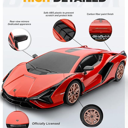 BEZGAR Remote Control Cars - 1:24 Scale Officially Licensed RC Series Lambo Sián FKP 37, Electric Sport Racing Hobby Toy Car Model Vehicle for Boys and Girls Teens and Adults Gift (Red)