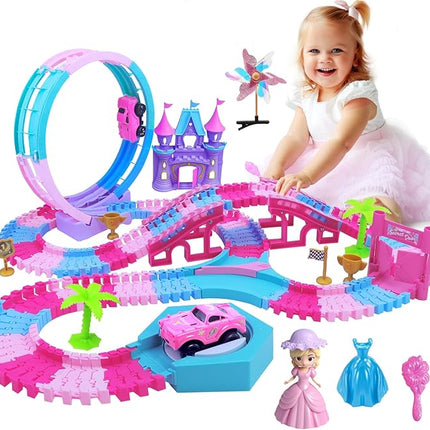 178 PCS Track Toy, Pink Racing Tracks Toys for 3 4 5 6 Year Old Girls, Flexible Tracks Car Magic Bendable Race Track Princess Toys with Light & Music for Toddlers, Kids and Girl Xmas Birthdays Gifts