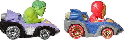 Hot Wheels RacerVerse Toy Cars 2-Pack Set of 2 Die-Cast Vehicles with Non-Removable Drivers of Their Own Cars: Hulk & Iron Man, Optimized for Track
