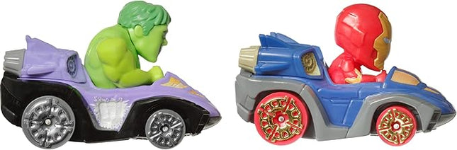 Hot Wheels RacerVerse Toy Cars 2-Pack Set of 2 Die-Cast Vehicles with Non-Removable Drivers of Their Own Cars: Hulk & Iron Man, Optimized for Track