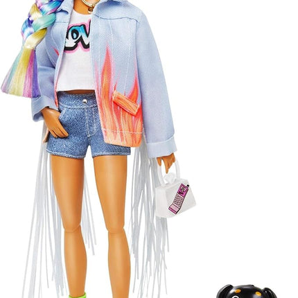 Barbie Extra Doll & Accessories with Rainbow Braids in Long-Fringe Denim Jacket with Pet Puppy and Car for Pet