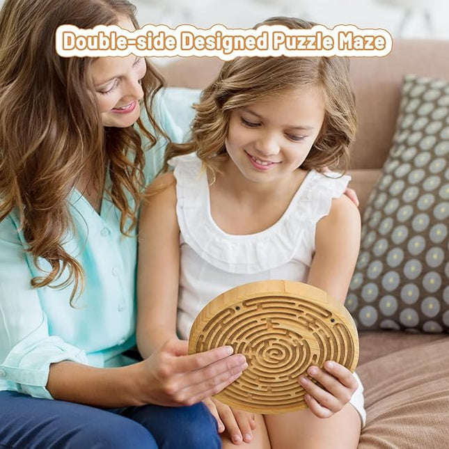 Wooden Labyrinth Board Game with Two Versions of Upgraded Circular Marble Maze with Two-Sided Design, 2-in-1 Puzzle Maze with Two Metal Balls, Brain Teaser Game for Children, Teenagers, and Adult