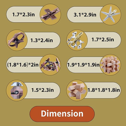 8 Pieces Wooden and Metal Brain Teaser Puzzles 3D Education Toys for Adults and Kids IQ Logic Training Family Game Party Favor Coffee Table Time Unlock Interlock Mind Puzzles Box