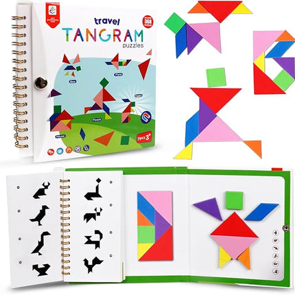 Travel Tangram Puzzle Magnetic Puzzle Book Game Road Trip Game Jigsaw Shapes Dissection STEM Games with Solution IQ Educational Toy for Kid Adult Challenge Brain Teasers 368 Patterns(2Pcs Tangrams)