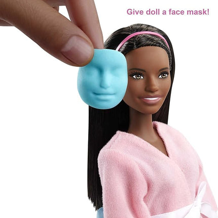Barbie Face Mask Spa Day Playset with Brunette Doll, Puppy, Toy Spa Station with 4 Molds, 3 Tubs of Barbie Dough & 10+ Accessories to Create & Remove Face Blemishes on Doll & Puppy, for Kids