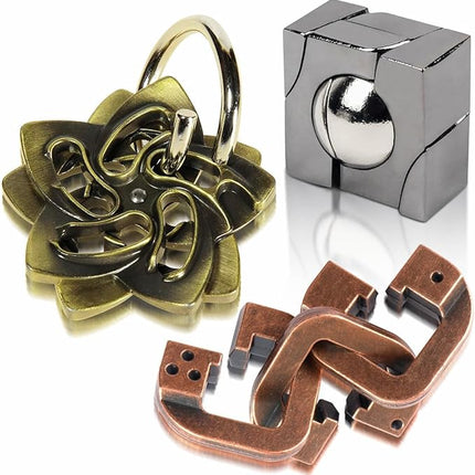 Fun Metal Brain Teaser Puzzle Games - 3PCS Adults Mind 3D Toys -Teens IQ Insight Challenge - Educational Gift for Ages 12+