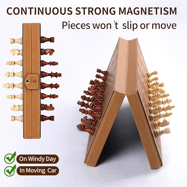 Rinten 2 in 1 Magnetic Chess Set & Checkers Board Game, 15" Handmade Folding Chess Board, Portable Travel Chess Set, Beginner Chess Board Game for Adults & Kids (15 Inch)