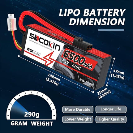 2S Lipo Battery 7.4V 6500mAh 120C Lipo RC Battery with TR Plug + EC5 Adapter Hard Case for RC Car RC Truck Airplane Helicopter Boat Car Racing RC Hobby