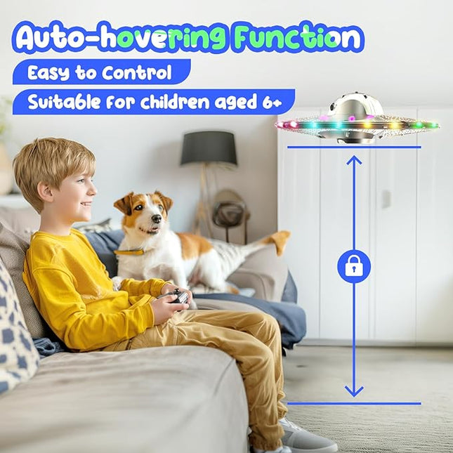 Foam UFO Drone for Kids – RC Plane with Colorful LED Lights, Remote Control Helicopter with Auto Hover, 2 Batteries (15 Mins Flight)