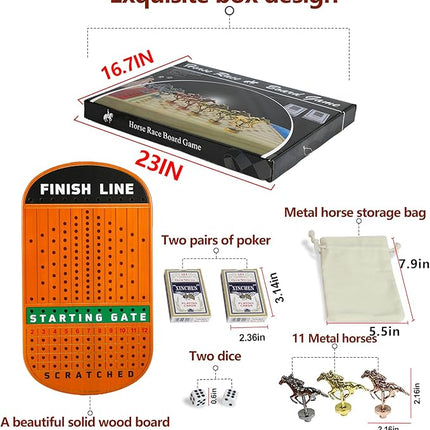Large 21 inches Horse Racing Board Game with 11 Luxury Metal Horses, Thickened Wood Finish Line, Race Game Including Dices and Cards (Red Peach, Oval)