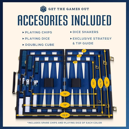 Get The Games Out Top Backgammon Set - Classic Board Game Case 15" Medium Size - Best Strategy & Tip Guide - Available in Small, Medium and Large Sizes (Blue, Medium)