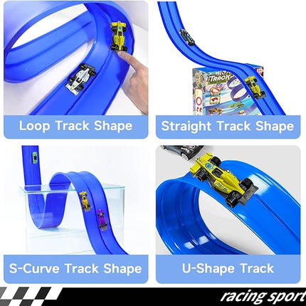 Flexible Race Car Track for Kids, 16.5 Ft Long Bendable Racetrack with Suction Cups, Compatible with Hot Wheels and 1:64 Diecast Cars, Portable Montessori STEM Toy for Boys & Girls (Racing Blue)