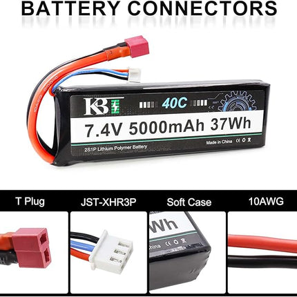KBT 2S 7.4V LiPo High Discharge Rate Battery 40C(Burst 80C) 5000mAh Rechargeable Soft Pack Lithium Polymer Battery with T Plug for RC Car Boat Trucks 1/8 1/10 Racing Buggy