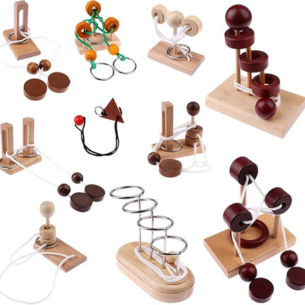 10 PCS Wooden Rope Puzzle Set Brain Teasers Puzzles Mind Toys for Adults Boys Girls Wooden Threading Rope Loop Toy Mind Toys Educational Toy-s for Family Game Educational Challenge Party Favor
