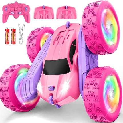 Remote Control Car, RC Cars for Girls, 2.4 GHz Double Sided RC Crawler with Upgraded USB-C Modular Battery, 360°Rotating Car Toys for 6 7 8 9 10 11 12 Year Old Girl Birthday Gift Pink-Purple