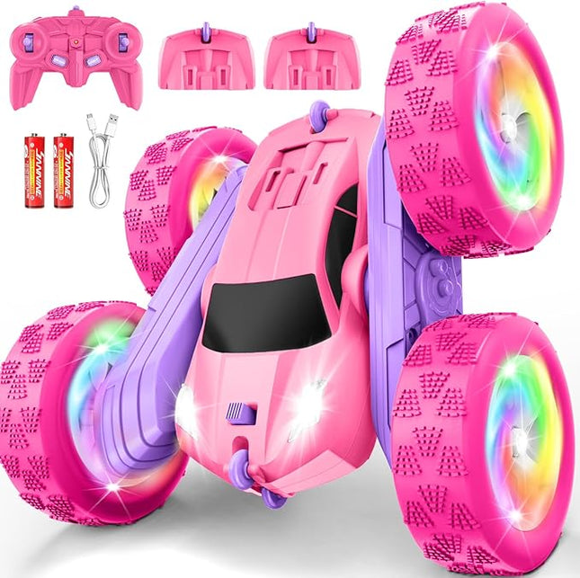 Remote Control Car, RC Cars for Girls, 2.4 GHz Double Sided RC Crawler with Upgraded USB-C Modular Battery, 360°Rotating Car Toys for 6 7 8 9 10 11 12 Year Old Girl Birthday Gift Pink-Purple