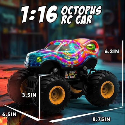 Kraken Monster Truck RC Car, Remote Control Car for Kids Aged 4-8, 1:16 Scale with LED Lights, 2.4GHz Truck Toys, Birthday Gift for 5 6 7 Year Old Boys
