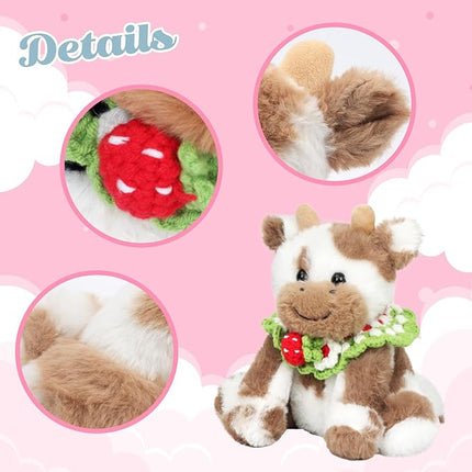 Hopearl Adorable Plush Cow Toy with Knitted Cute Strawberry Bib Floppy Dairy Cattle Soft Stuffed Animal Gifts for Boys Girls Kids Toddlers, Light Brown, 9''